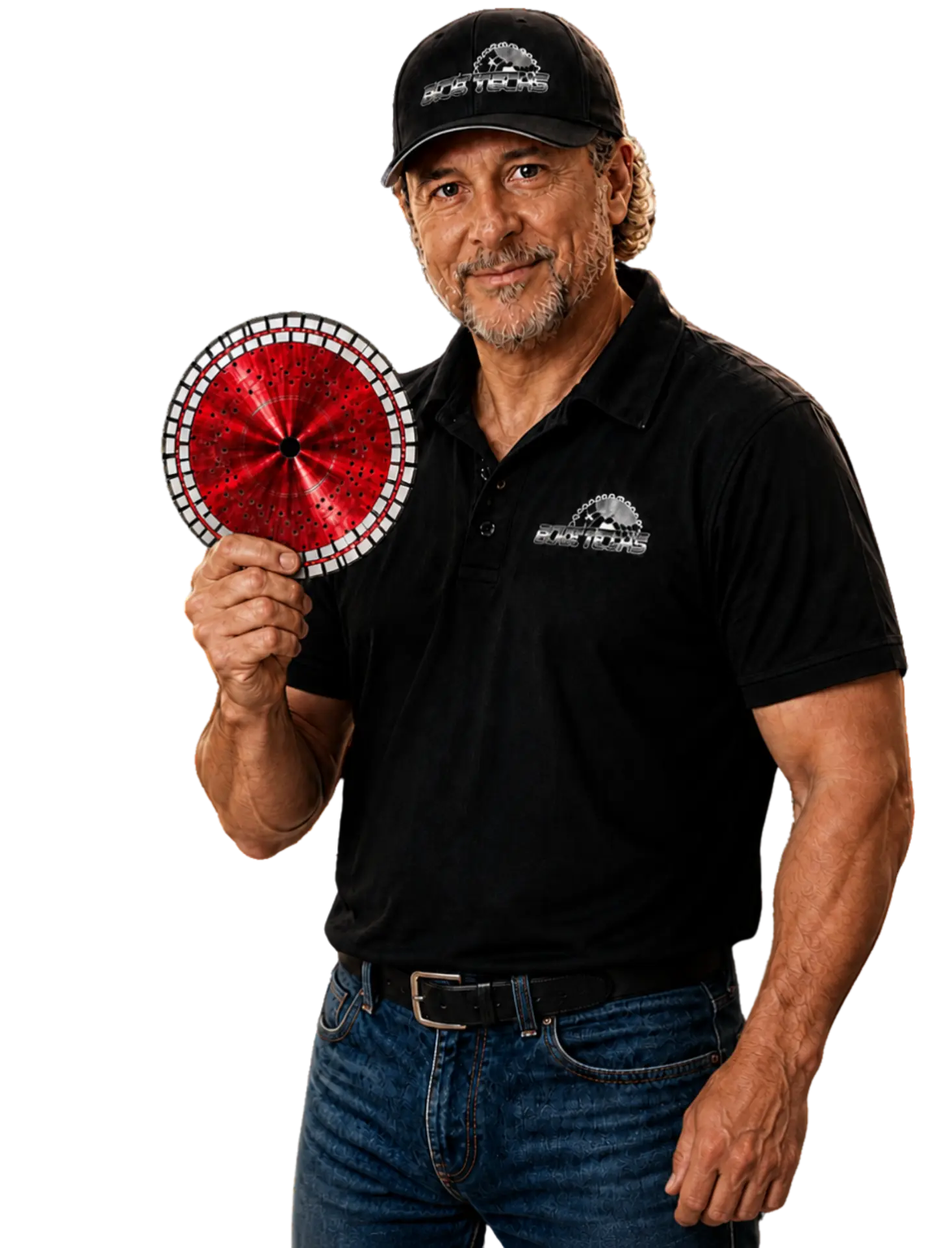 The Bladz Guy in a Blade Techs cap and polo holding a red diamond blade